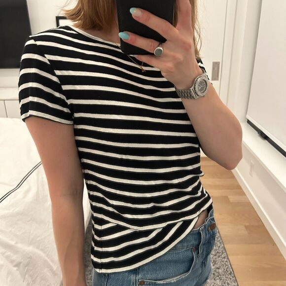 CAbi Short Sleeve Striped Criss Cross T-Shirt Black White Small - Picture 2 of 7
